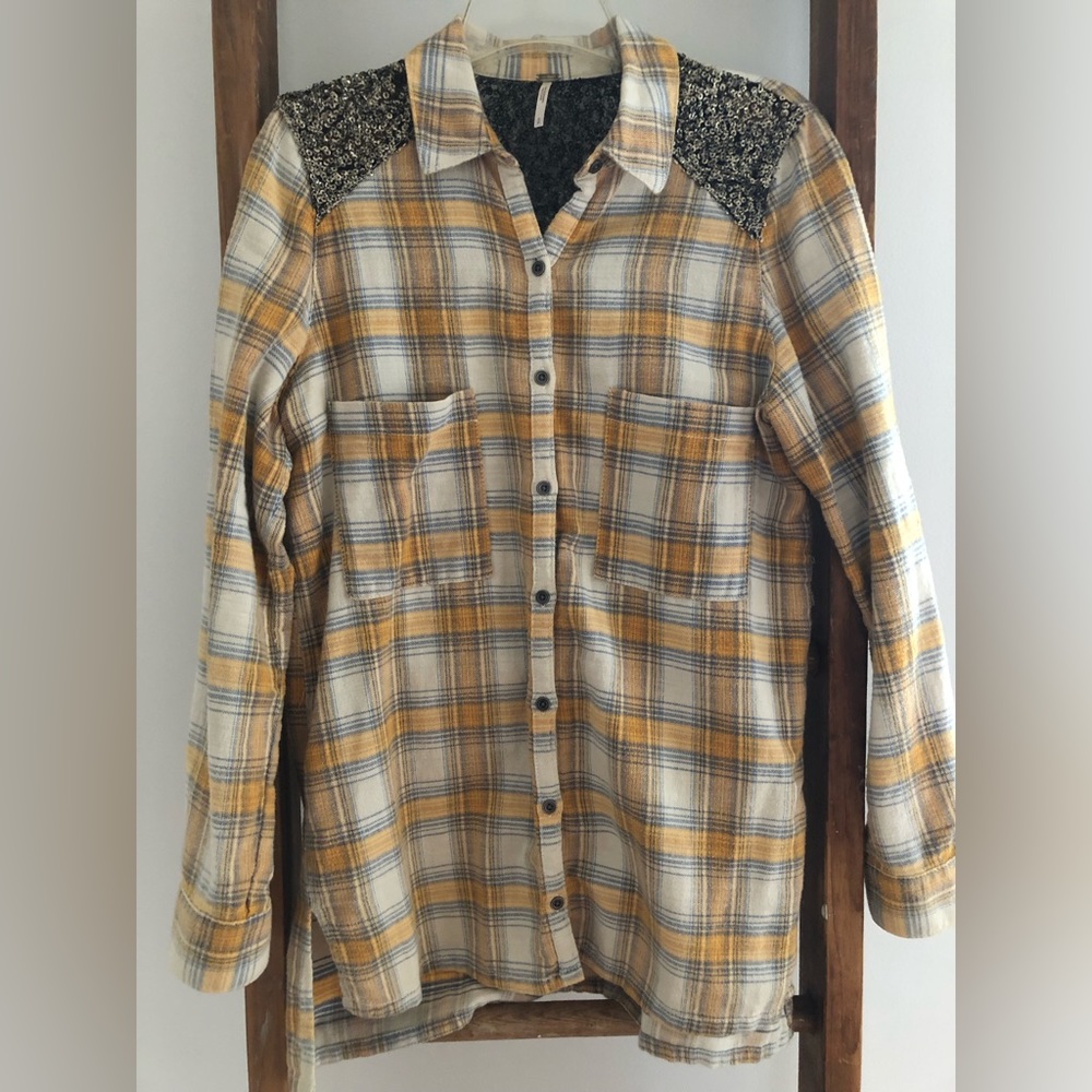 Free People small mustard, blue and cream flannel